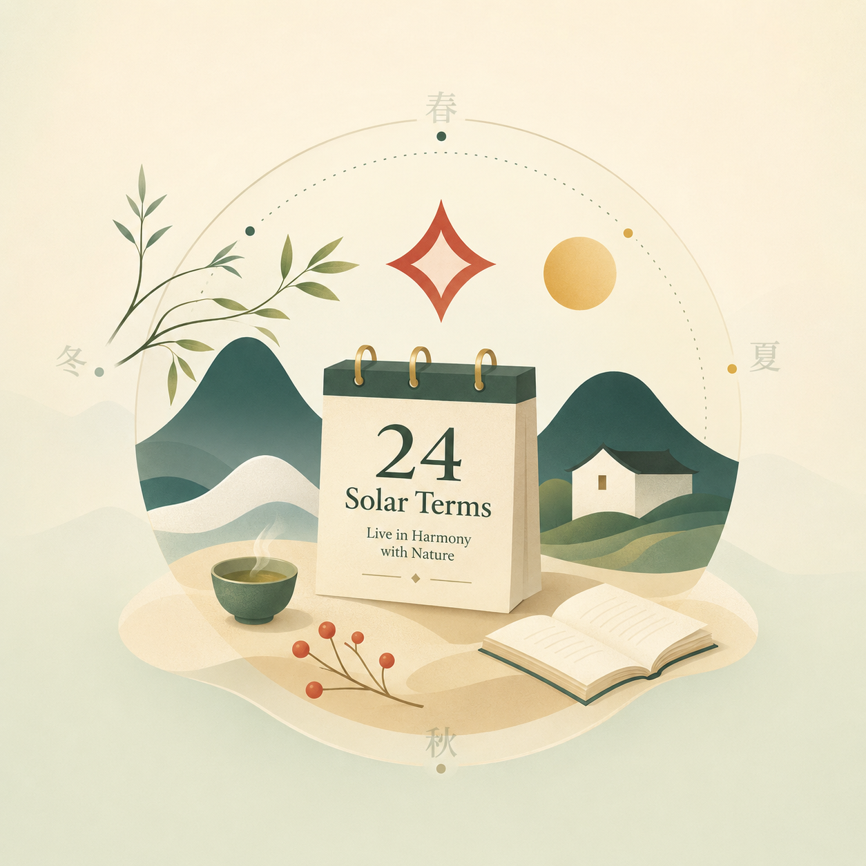 SeasonQi seasonal illustration — mountains, sun, moon, and flowing seasonal balance